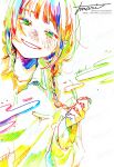  1girl artist_name blush braid collared_shirt colorful commentary_request hand_up highres holding_own_hair long_hair long_sleeves looking_at_viewer original shirt signature smile solo traditional_media upper_body watanabe_tomari watermark white_background 
