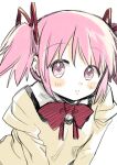  1girl blush_stickers bow coat collared_shirt commentary hair_ribbon high_collar juliet_sleeves kaname_madoka leaning_forward_in_chair_diagram_(meme) long_sleeves looking_at_viewer mahou_shoujo_madoka_magica mahou_shoujo_madoka_magica_(anime) meme mitakihara_school_uniform no+bi= parted_lips pink_eyes pink_hair puffy_sleeves red_bow red_ribbon ribbon school_uniform shirt short_hair short_twintails simple_background solo symbol-only_commentary twintails upper_body white_background white_coat yellow_shirt yellow_sleeves 