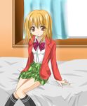  bed bed_sheet blonde_hair blush bow bowtie crossdressing curtains long_hair long_sleeves looking_at_viewer male_focus on_bed otoko_no_ko pretty_face randou_masashi red_bow red_neckwear sitting sitting_on_bed solo tareme window 