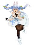  1girl :o animal_ear_fluff animal_ears bare_shoulders black_gloves black_pantyhose blue_hair bow braid carrot_hair_ornament detached_sleeves don-chan_(usada_pekora) dress floating_hair food-themed_hair_ornament footwear_bow full_body fur-trimmed_footwear fur-trimmed_gloves fur-trimmed_skirt fur_scarf fur_trim gloves hair_bow hair_ornament hand_on_own_chest highres hikimayu hololive long_hair looking_at_viewer mafuin_da open_mouth pantyhose pom_pom_(clothes) rabbit_ears rabbit_girl rabbit_tail red_eyes shoes simple_background skirt solo strapless strapless_dress sweat tachi-e tail twin_braids usada_pekora virtual_youtuber white_background white_dress white_footwear wide-eyed 