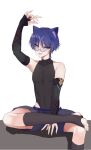  1boy animal_ears arm_up armpits bare_shoulders bishounen blue_hair bridal_gauntlets bridal_legwear cat_boy cat_ears chobonu covered_collarbone feet foot_out_of_frame genshin_impact glasses hair_between_eyes hakama hakama_shorts highres japanese_clothes male_focus no_shoes purple_eyes round_eyewear scaramouche_(genshin_impact) shadow shorts sidelocks simple_background sitting solo stirrup_legwear toeless_legwear toenails toes toned toned_male tongue tongue_out wanderer_(genshin_impact) white_background 