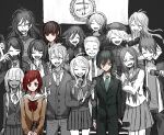  6+boys 6+girls ^_^ ahoge akamatsu_kaede amami_rantaro androgynous antenna_hair badge black_hair black_jacket black_pants black_sleeves black_suit blazer blue_necktie blunt_bangs blunt_ends bow bowtie brown_eyes brown_hair brown_jacket brown_sleeves buttons chabashira_tenko clenched_hand closed_eyes closed_mouth collared_jacket collared_shirt commentary_request danganronpa_(series) danganronpa_v3:_killing_harmony dark-skinned_female dark_skin denim everyone eyelashes eyes_visible_through_hair facial_hair frown glasses goatee gokuhara_gonta graduation grin hair_between_eyes hair_ornament hair_over_one_eye hair_over_shoulder hairband hairclip hand_on_another&#039;s_shoulder hand_on_own_chin hand_on_own_hip harukawa_maki hat high_collar highres holding holding_scroll hoshi_ryoma indoors iruma_miu jacket jeans k1-b0 layered_sleeves light_frown long_hair long_sleeves looking_at_viewer looking_down low_twintails mask mask_pull miniskirt mole mole_under_eye mole_under_mouth momota_kaito mouth_mask multiple_boys multiple_girls neck_ribbon neckerchief necktie oma_kokichi open_clothes open_jacket open_mouth open_shirt pants partially_colored pleated_skirt pulled_by_self red_bow red_bowtie red_eyes red_hair ribbon round_eyewear saihara_shuichi sailor_collar sarami_(sa_rami30) school_uniform scroll serafuku shinguji_korekiyo shirogane_tsumugi shirt short_hair sidelocks skirt skirt_set sleeves_past_elbows sleeves_past_wrists smile spiked_hair spoilers striped_necktie suit sweater_jacket tank_top teeth tojo_kirumi twintails upper_teeth_only v very_long_hair white_sailor_collar white_shirt yellow_eyes yonaga_angie yumeno_himiko 