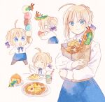  1girl ahoge arm_up artoria_pendragon_(fate) back baguette black_pantyhose blonde_hair blue_bow blue_bowtie blue_skirt blush bow bowtie bread bun_(food) cake cake_slice caterpillar chibi closed_eyes closed_mouth collared_shirt cup drink drinking_glass drinking_straw eating fate/stay_night fate_(series) food full_body hair_between_eyes hair_bow hair_bun holding holding_food holding_ice_cream holding_spoon ice_cream ice_cream_cone long_sleeves looking_at_viewer looking_up machi_(uqyjee) omelet omurice open_mouth package pantyhose pizza plate puffy_long_sleeves puffy_sleeves purple_bow saber_(fate) shirt short_hair sidelocks simple_background sitting skirt smile spoon standing sweatdrop table the_very_hungry_caterpillar upper_body white_background white_shirt 