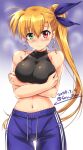  1girl artist_name bare_shoulders blonde_hair blue_pants blush breast_hold breasts closed_mouth dated gym_pants hair_ribbon heterochromia highres large_breasts long_hair looking_at_viewer lyrical_nanoha mahou_shoujo_lyrical_nanoha_strikers mahou_shoujo_lyrical_nanoha_vivid midriff navel pants ponytail ribbon san-pon side_ponytail signature simple_background solo sweat vivio 