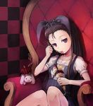  armchair brown_hair bunny chair crown eating food hairband idolmaster idolmaster_(classic) idolmaster_live_for_you! long_hair minase_iori parfait pocky pos ribbon sitting solo stuffed_animal stuffed_bunny stuffed_toy tiara 