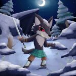 3_toes anthro black_body black_eyes black_fur bottomwear brown_bottomwear brown_clothing brown_pants canid canine canis claws clothed clothing crescent_moon detailed_background feet front_view fur govil_(unicorn_overlord) grass green_kilt grey_body grey_claws grey_fur grey_inner_ear grin hair hi_res kilt leg_armor looking_at_viewer male mammal moon outside pants plant pose red_sclera rock sharp_teeth smile solo spread_arms standing teeth thundergale119 toe_claws toes topless tree unicorn_overlord vanillaware white_body white_fur white_hair wolf
