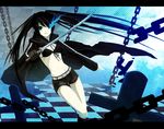  bad_id bad_pixiv_id bare_legs bikini_top black_hair black_rock_shooter black_rock_shooter_(character) blue_eyes chain checkered checkered_floor flat_chest front-tie_bikini front-tie_top gloves glowing glowing_eye jacket katana long_hair midriff open_clothes open_jacket pale_skin shiramori_yuse shorts single_glove solo sword twintails uneven_twintails weapon 