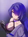  1girl absurdres acheron_(honkai:_star_rail) black_choker black_gloves breasts caulfielddd choker cleavage commentary criss-cross_halter gloves grey_hair hair_over_one_eye halterneck highres honkai:_star_rail honkai_(series) large_breasts looking_at_viewer multicolored_hair purple_background purple_eyes purple_hair single_bare_shoulder solo streaked_hair upper_body 