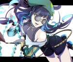  1girl bare_shoulders beret black_hair blue_hair colored_inner_hair fate/grand_order fate_(series) glasses green_hat green_jacket grey_eyes hat highres jacket jewelry long_hair multicolored_hair neck_ring off_shoulder round_eyewear shorts sidelocks solo sunglasses tenochtitlan_(fate) tenochtitlan_(second_ascension)_(fate) tinted_eyewear ttmaru_1739 wavy_hair 