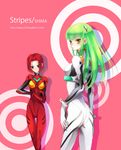  ass ayanami_rei ayanami_rei_(cosplay) bad_id bad_pixiv_id blue_eyes blush bodysuit brown_eyes c.c. code_geass cosplay green_hair highres kallen_stadtfeld long_hair multiple_girls neon_genesis_evangelion plugsuit red_hair shima_(h8222-9902m) short_hair souryuu_asuka_langley souryuu_asuka_langley_(cosplay) white_bodysuit 