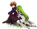  1girl artist_request bodysuit brown_hair c.c. code_geass green_eyes green_hair kururugi_suzaku long_hair white_bodysuit 