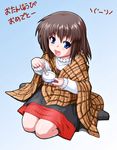  blue_eyes brown_hair food ice_cream iyamato kanon kneeling misaka_shiori open_mouth shawl short_hair translation_request 