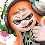  1girl commentary_request fangs headphones inkling_girl inkling_player_character kuro_kosyou long_hair looking_at_viewer open_mouth orange_eyes orange_hair paint_splatter shirt solo splatoon_(series) tentacle_hair thick_eyebrows thumbs_up upper_body v-shaped_eyebrows white_background white_shirt 