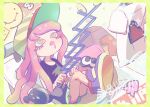  1girl aqua_skirt baseball_cap black_shirt clownfish colored_eyelashes d: drooling eyelashes fish green_eyes harmony&#039;s_clownfish_(splatoon) harmony_(splatoon) hat koike3582 long_hair long_shirt looking_up miniskirt multicolored_footwear no_nose open_mouth pink_hair shirt shoes short_sleeves sitting skirt solo splatoon_(series) striped_clothes striped_headwear tentacle_hair 