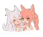  2girls animal_ears bare_arms blush_stickers cat_ears cat_girl cat_tail commentary_request dress heart highres multiple_girls nago_nago open_mouth orange_eyes original pink_hair scratching_chin sleeveless sleeveless_dress smile tail twintails upper_body white_hair yellow_dress 