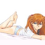  1girl barefoot blue_eyes feet feet_up highres long_hair looking_at_viewer lying mizumori_keiichi neon_genesis_evangelion on_stomach orange_hair panties simple_background soles solo souryuu_asuka_langley the_pose toes underwear white_background 