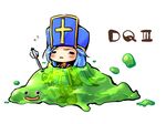  :d =_= bad_id bad_pixiv_id blue_hair blush bodysuit boots bubble_slime chibi copyright_name cross dragon_quest dragon_quest_iii fantasy flying_sweatdrops gloves green_skin hat holding long_hair mitre monster open_mouth partially_submerged priest_(dq3) sakurano_miya simple_background slime slime_(dragon_quest) smile staff sweatdrop very_long_hair weapon white_background 