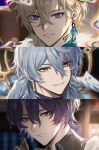  3boys aqua_shirt aventurine_(honkai:_star_rail) black_shirt blonde_hair blue_hair closed_mouth collared_shirt dr._ratio_(honkai:_star_rail) earrings fractalmagnolia fur_trim grey_hair hair_between_eyes head_wings highres honkai:_star_rail honkai_(series) jewelry male_focus multicolored_eyes multiple_boys neck_tattoo red_eyes shirt short_hair smile sunday_(honkai:_star_rail) tattoo two-tone_eyes wings yellow_eyes 