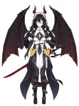  1girl absurdres arms_at_sides belt black_gloves black_hair breasts covered_navel cross cross-laced_footwear demon_girl demon_horns demon_tail demon_wings full_body gloves gradient_hair highres holding holding_sword holding_weapon horns mask medium_breasts multicolored_hair original pelvic_curtain pointy_ears red_hair reverse_grip sakuya_miu1186400038 solo standing straight-on sword tail two-tone_hair weapon white_background white_mask wings 