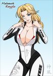  artist_request bleach blonde_hair blue_eyes bodysuit breasts center_opening cleavage derivative_work highres huge_breasts long_hair matsumoto_rangiku mole mole_under_mouth one_eye_closed solo 