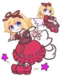  2girls blonde_hair blue_eyes bow hair_bow hair_ribbon looking_at_viewer medicine_melancholy multiple_girls parody puffy_sleeves puyopuyo red_footwear ribbon shinmon_akika shirt short_hair short_sleeves skirt smile style_parody su-san touhou wings 