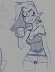 alien alien_humanoid beverage bottomwear breasts clothed clothing disney eyebrows female fingers freckles grey_background hair humanoid humanoid_pointy_ears long_hair lord_dominator monochrome mug noseless not_furry off_shoulder shorts simple_background solo standing teelokay teeth topwear wander_over_yonder