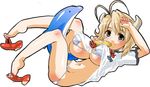 artist_request barefoot bikini breasts copyright_request eating feet food horns jpeg_artifacts large_breasts lowres shoe_dangle simple_background solo swimsuit underboob 