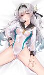  1girl alternate_costume ass_visible_through_thighs bed bed_sheet black_hairband black_sailor_collar breasts cameltoe clothes_lift collarbone commentary_request competition_swimsuit contrapposto cropped_shirt firefly_(honkai:_star_rail) grey_hair groin hair_intakes hair_ornament hairband hand_on_own_hip highleg highres honkai:_star_rail honkai_(series) long_hair long_sleeves looking_at_viewer lying matrix16 neckerchief on_back on_bed one-piece_swimsuit open_mouth puffy_long_sleeves puffy_sleeves purple_eyes sailor_collar school_uniform see-through see-through_shirt see-through_sleeves serafuku shirt shirt_lift skindentation solo split spread_legs swimsuit thigh_strap thighs undone_neckerchief upper_body wet wet_clothes white_one-piece_swimsuit white_shirt yellow_neckerchief 