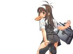  antenna_hair bag bread brown_eyes brown_hair copyright_request food food_in_mouth hairband late_for_school long_hair mouth_hold school_bag school_uniform skirt solo tanaka_kunihiko toast toast_in_mouth wallpaper 