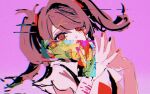  1girl @_@ ame-chan_(needy_girl_overdose) black_nails bleeding blood blood_from_eyes glitch looking_at_viewer mizureito multicolored_nails needy_girl_overdose open_mouth pink_background red_eyes red_nails sketch smile solo steepled_fingers twintails 