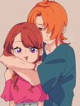  1boy 1girl aged_up blue_shirt hair_over_one_eye height_difference highres hijiri_ageha hirogaru_sky!_precure hug looking_at_viewer off_shoulder orange_hair pink_shirt precure puffy_short_sleeves puffy_sleeves purple_eyes red_hair shirt short_sleeves swept_bangs tricotroom upper_body yuunagi_tsubasa 