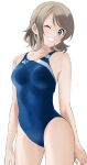  1girl blue_eyes blush breasts brown_hair competition_swimsuit hanamaruyama628 highres looking_at_viewer love_live! love_live!_sunshine!! one-piece_swimsuit one_eye_closed short_hair simple_background smile solo swimsuit thighs watanabe_you wavy_hair white_background 