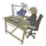  bad_id bad_pixiv_id chair computer drawing drawing_tablet highres hood hoodie laptop multiple_girls oekaki_musume office_chair original painttool_sai role_reversal short_hair slippers uewtsol 