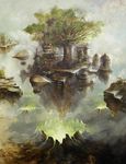  bird crater dannoura_yuuki floating_city floating_island fog giant_tree glowing house no_humans original scenery tree 