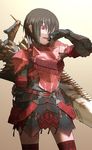  armor black_hair monster_hunter red_eyes short_hair solo sword thighhighs tongue tsukuba_masahiro weapon 