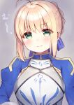  1girl absurdres ahoge aizawa85 armor artoria_pendragon_(fate) blonde_hair blue_jacket blue_ribbon blush breasts closed_mouth fate/grand_order fate_(series) green_eyes grey_armor grey_background hair_between_eyes hair_bun hair_ribbon hand_on_own_hip highres jacket juliet_sleeves long_sleeves looking_at_viewer medium_breasts puffy_sleeves ribbon saber_(fate) short_hair sidelocks simple_background solo standing v-shaped_eyebrows 