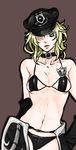  aqua_eyes bad_id bad_pixiv_id badge bikini black_bikini blonde_hair breasts chaps cleavage collar dixie_clemets gloves hat large_breasts leather lipstick makeup messy_hair micro_bikini peaked_cap police relative_of_mitochondria rumble_roses sgt._clemets short_hair smile solo standing swimsuit underboob 