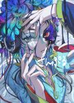  1other androgynous black_hair blue_eyes blue_hair corruption dark_persona facepaint facial_mark feathers gnosia green_eyes green_hair headphones heterochromia long_hair long_sleeves looking_at_viewer other_focus raqio solo tuze111 upper_body 
