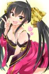  1girl animal_print black_hair blush breasts camisole cleavage fang hair_ribbon heart idolmaster idolmaster_cinderella_girls jacket jewelry leopard_print long_hair looking_at_viewer matoba_risa necklace off_shoulder open_clothes open_jacket open_mouth pink_jacket print_ribbon ribbon small_breasts smile solo trente twintails v yellow_eyes 