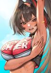  1girl absurdres arm_under_breasts arm_up armpits bandaid bandaid_on_arm bay_(nikke) black_hair blush cheerleader crop_top dark-skinned_female dark_skin goddess_of_victory:_nikke hair_between_eyes hair_intakes highres long_hair looking_at_viewer mole mole_under_eye mole_under_mouth multicolored_hair open_mouth ponytail red_hair solo star_(symbol) star_in_eye star_sticker sticker_on_face streaked_hair sunlight sweat sweaty_armpits symbol_in_eye teeth two-tone_tank_top upper_body upper_teeth_only young999999990 