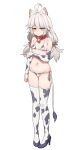  1girl absurdres ahoge animal_ear_fluff animal_ears animal_print aningay arm_across_chest bare_shoulders bell bikini black_footwear breasts bridal_gauntlets collar copyright_request cow_print cow_tail full_body grey_hair groin high_heels highres long_hair low_twintails navel neck_bell print_bikini print_thighhighs red_collar shoes side-tie_bikini_bottom simple_background small_breasts solo swimsuit tail thighhighs twintails white_background 