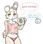  akibun anthro blue_text blush blush_lines clothing container cup dialogue duo english_text female fur heart_(marking) holding_container holding_cup holding_object inner_ear_fluff lagomorph leporid mammal markings mug offscreen_character panties pink_text rabbit simple_background speech_bubble standing strawberry_pattern tan_body tan_fur text topwear tuft underwear white_background yellow_eyes 