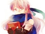 artist_request bare_shoulders blue_scarf book elbow_gloves fingerless_gloves fire_emblem fire_emblem:_akatsuki_no_megami gloves hair_ribbon half_updo long_hair lowres micaiah ribbon scarf silver_hair smile solo yellow_eyes 