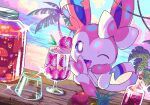  apple beach bright_pupils fangs food fruit glint highres ocean one_eye_closed palm_tree parfait pineapple pink_fur pink_ribbon pixel_art pokemon pokemon_(creature) purple_eyes ribbon sand sky strawberry_parfait sylveon tree uki_(ukierr) white_pupils 