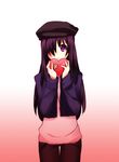  :&lt; bandages box cabbie_hat casual gradient gradient_background hair_over_one_eye hat heart heart-shaped_box ikezawa_hanako katawa_shoujo long_hair purple_eyes purple_hair solo valentine weee_(raemz) 