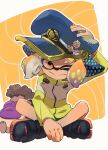  1girl :&gt; agent_4_(splatoon) black_footwear black_shorts blue_hat charm_(object) closed_mouth commentary_request full_body hand_on_headwear hat hat_ornament headphones hero_shot_(splatoon_3) highres indian_style inkling jacket koike3582 medium_hair military_hat multicolored_clothes multicolored_jacket octotrooper one_eye_closed orange_eyes orange_hair outline peaked_cap pearl_drone_(splatoon) shorts sideways_hat sitting smile splatoon_(series) splatoon_3 splatoon_3:_side_order suction_cups tentacle_hair triple_splashdown_(splatoon) two-tone_jacket white_background white_outline yellow_jacket 