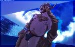 anthro big_pecs bulge clothing detailed_bulge duskshield felid feline final_fantasy final_fantasy_xiv fur genital_outline hrothgar jockstrap kydron light male mammal moonlight muscular muscular_male pecs pubes sky smile smiling_at_viewer solo square_enix underwear