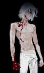  1boy bags_under_eyes black_background black_eyes blood blood_on_arm blood_on_body blood_on_face blood_on_hands dungeon_meshi ehvkalsrhkd elf empty_eyes hair_over_one_eye highres looking_down medium_hair mithrun multiple_scars notched_ear pants pointy_ears scar skinny topless_male uneven_eyes white_hair white_pants 