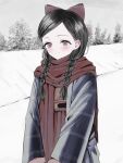  1girl black_hair blush bow braid character_request coat commentary_request grey_eyes hair_bow highres hira_hira_hihiru long_hair looking_at_viewer outdoors scarf smile snow solo twin_braids upper_body winter yuyuyuyhz 