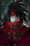  1boy 1girl artist_name asymmetrical_hair black_hair cloak final_fantasy final_fantasy_vii final_fantasy_vii_rebirth final_fantasy_vii_remake grey_lips hair_between_eyes headband highres long_hair lucrecia_crescent male_focus nikusenpai pale_skin portrait red_cloak red_eyes red_headband solo_focus twitter_username upper_body vincent_valentine web_address 